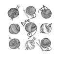Vector doodle style drawing, set of knitting wool balls with knitting needles and crochet hooks. knitting symbol, hobby, handmade,